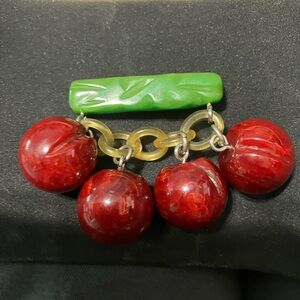 Vintage Bakelite bar pin carved bright, red cherry cherries brooch